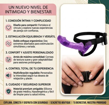 Infografía de arnés ajustable con vibración y beneficios de bienestar íntimo Sexcretos Boutique