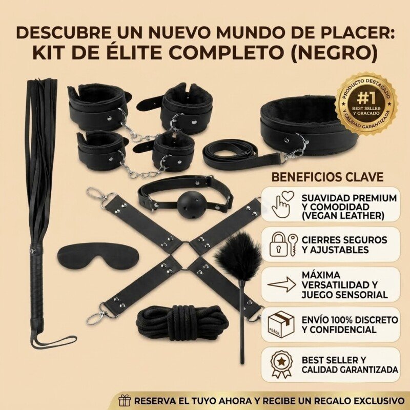 Kit BDSM bondage de 10 piezas en color negro con esposas y látigo