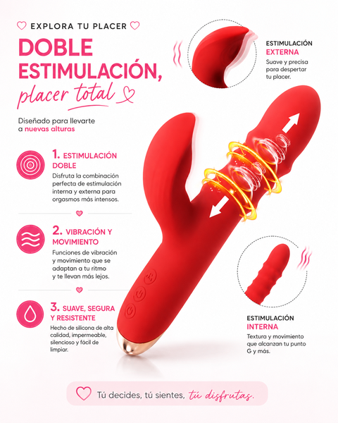 Masajeador íntimo de estimulación dual con movimiento de empuje telescópico rojo