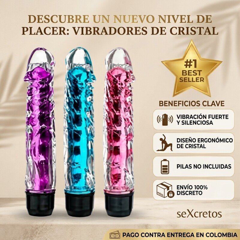 Vibrador de cristal transparente en tonos morado, azul y rosa con vibración fuerte