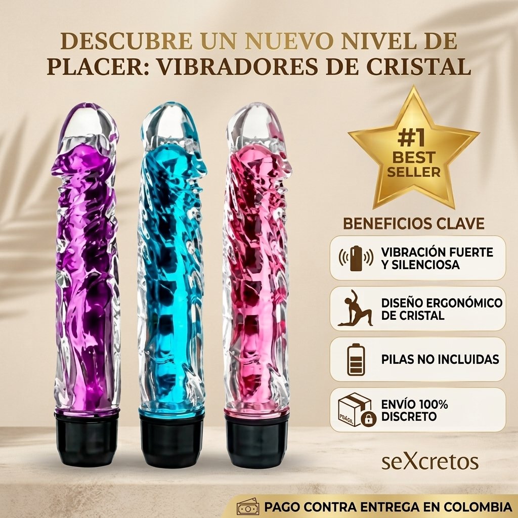 Vibrador de cristal transparente en tonos morado, azul y rosa con vibración fuerte