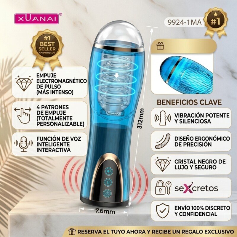 Masturbador automático de cristal azul con empuje electromagnético y voz interactiva